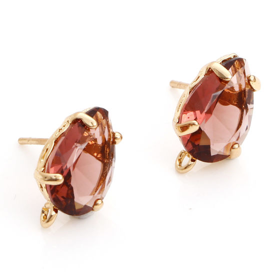 Bild von 2 Stück Messing und Glas Ohrring Ohrstecker Vergoldet Braunrot Tropfen Mit Öse 14mm x 8mm, Drahtst?rke: 0.8mm(20 Gauge)