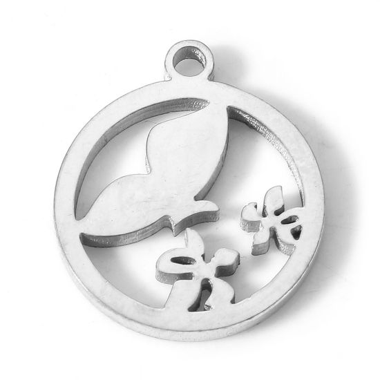 Bild von 304 Edelstahl Insekt Charms Rund Silberfarbe Schmetterling 15mm x 13mm, 5 Stück