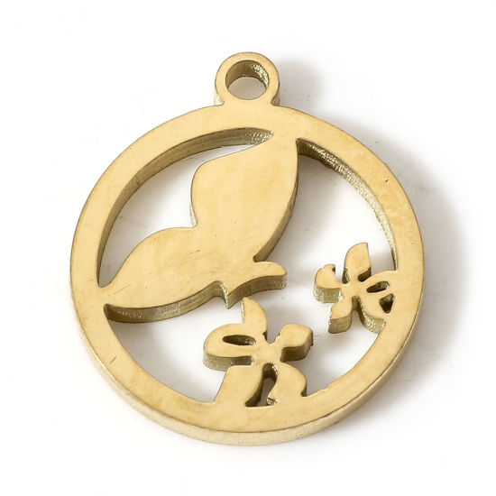 Bild von 5 Stück Vakuumbeschichtung 304 Edelstahl Insekt Charms Rund Vergoldet Schmetterling 15mm x 13mm