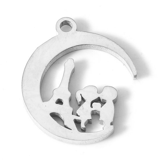Bild von 304 Edelstahl Valentinstag Charms Halbmond Silberfarbe Liebespaar 16mm x 14mm, 5 Stück