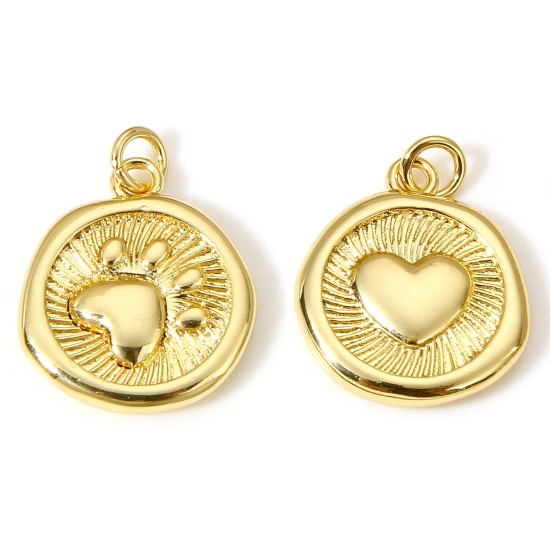 Imagen de 1 Unidad Latón Animal Doméstico Memorial Colgantes Charms Garra de Pata de Perro 18K Oro Real Chapado Corazón Doble Cara 18.5mm x 13.5mm