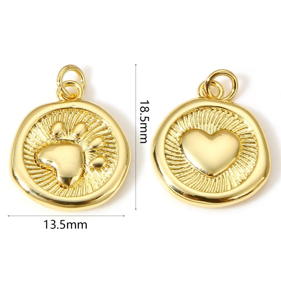 Imagen de 1 Unidad Latón Animal Doméstico Memorial Colgantes Charms Garra de Pata de Perro 18K Oro Real Chapado Corazón Doble Cara 18.5mm x 13.5mm