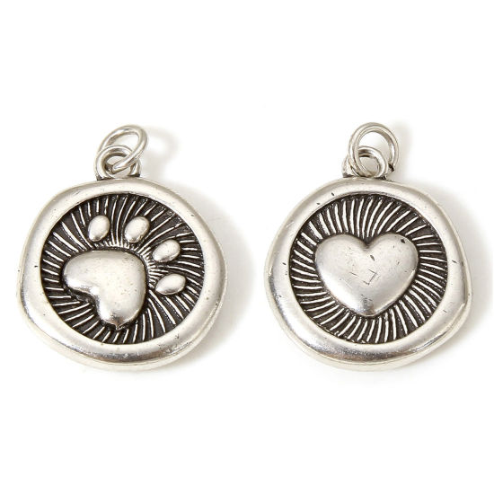 Imagen de 1 Unidad Latón Animal Doméstico Memorial Colgantes Charms Garra de Pata de Perro Plata Antigua Corazón Doble Cara 18.5mm x 13.5mm