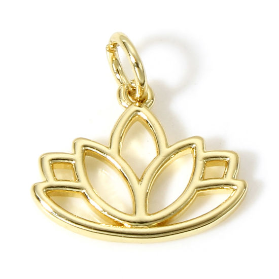 Image de 1 Pièce Breloques Religieux en Laiton Fleur de Lotus Plaqué Or Véritable 18K Creux 15mm x 15mm