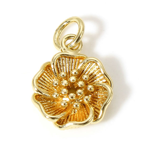 Image de 1 Pièce Breloques en Laiton Fleur Plaqué Or Véritable 18K 3D 16mm x 10.5mm