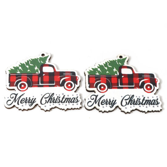 Image de 10 Pcs Pendentifs en Bois Naturel Multicolore Camion Sapin de Noël Message" Merry Christmas " 5.4cm x 4.7cm