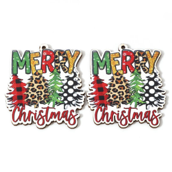 Image de 10 Pcs Pendentifs Noël en Bois Naturel Multicolore Pin de Noël Léopard 5cm x 4.4cm