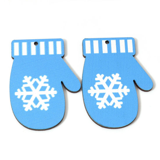 Image de 10 Pcs Pendentifs Noël en Bois Naturel Blanc & Bleu Gants Flocon de Neige 5.5cm x 4.1cm