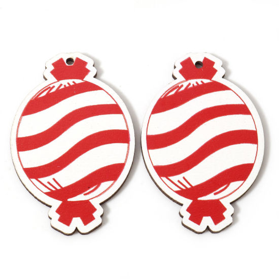 Image de 10 Pcs Pendentifs Noël en Bois Naturel Blanc & Rouge Boules de Noël 5.4cm x 3.6cm