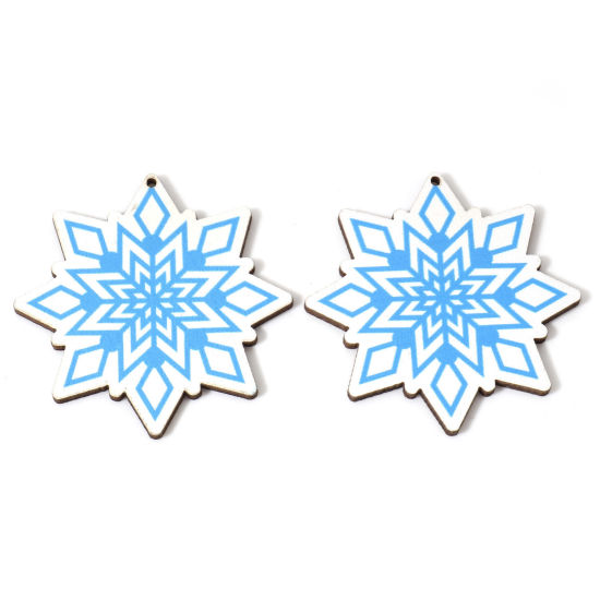 Image de 10 Pcs Pendentifs Noël en Bois Naturel Blanc & Bleu Flocon de Neige de Noël 5cm x 5cm