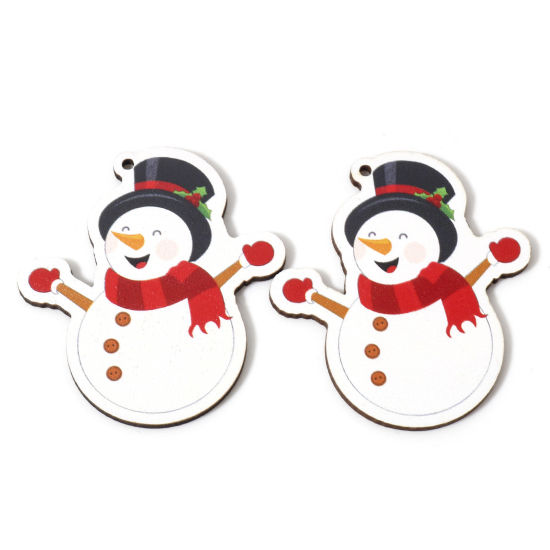 Image de 10 Pcs Pendentifs Noël en Bois Naturel Multicolore Bonhomme de Neige de Noël 5.6cm x 5cm