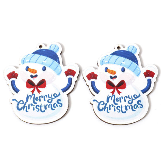 Image de 10 Pcs Pendentifs en Bois Naturel Multicolore Bonhomme de Neige de Noël Message" Merry Christmas " 5.6cm x 5cm