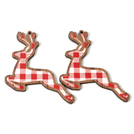 Image de 10 Pcs Pendentifs Noël en Bois Naturel Blanc & Rouge Cerf du Père David Carreau 5.5cm x 4.9cm