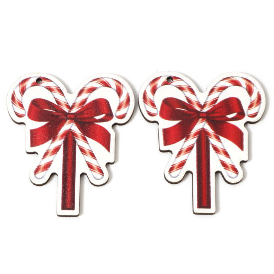 Image de 10 Pcs Pendentifs Noël en Bois Naturel Blanc & Rouge Canne de Noël Nœuds Papillons 5.5cm x 4.7cm