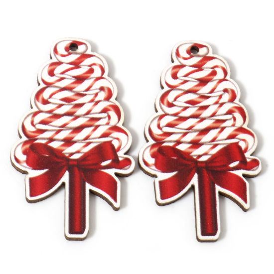 Image de 10 Pcs Pendentifs Noël en Bois Naturel Blanc & Rouge Pin de Noël Nœuds Papillons 5.5cm x 3.2cm