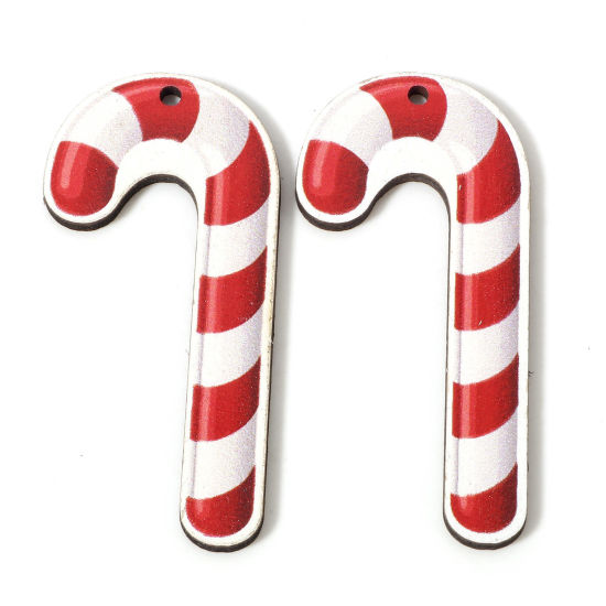 Image de 10 Pcs Pendentifs Noël en Bois Naturel Blanc & Rouge Canne de Noël 5.5cm x 2.6cm