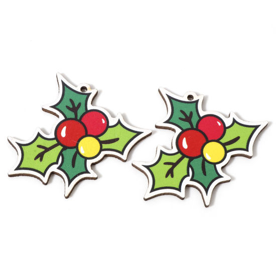 Image de 10 Pcs Pendentifs Noël en Bois Naturel Multicolore Feuille de Houx de Noël 5.5cm x 5cm