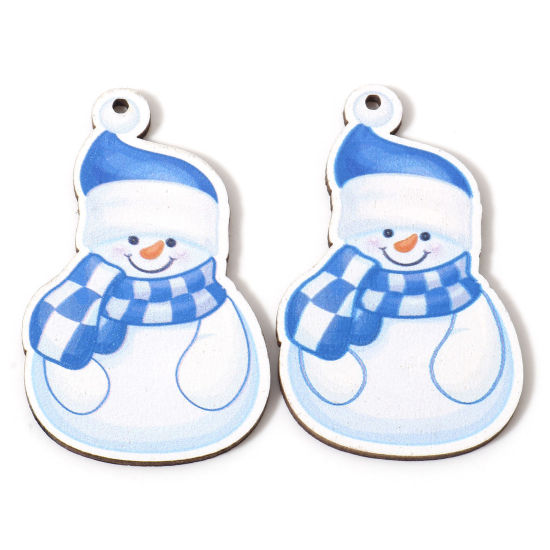 Image de 10 Pcs Pendentifs Noël en Bois Naturel Blanc & Bleu Bonhomme de Neige de Noël 5.5cm x 3.4cm