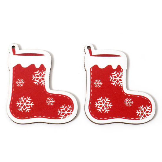 Image de 10 Pcs Pendentifs Noël en Bois Naturel Blanc & Rouge Chaussettes Flocon de Neige 5.4cm x 4.6cm