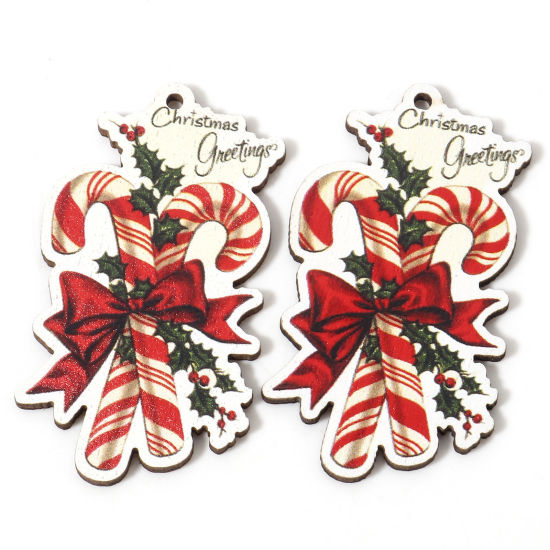 Image de 10 Pcs Pendentifs en Bois Naturel Multicolore Canne de Noël Nœuds Papillons Message" Merry Christmas " 5.7cm x 3.4cm