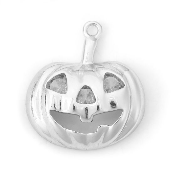 Bild von 2 Stück Messing Halloween Charms Echt Platin plattiert Kürbis Grimasse 20mm x 18mm