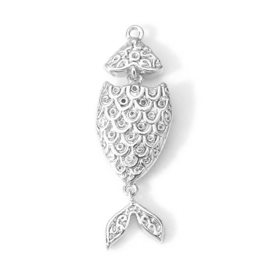 Bild von 2 Stück Messing Ozean Schmuck Charms Echt Platin plattiert Fisch Doppelseitig 25mm x 8,5mm