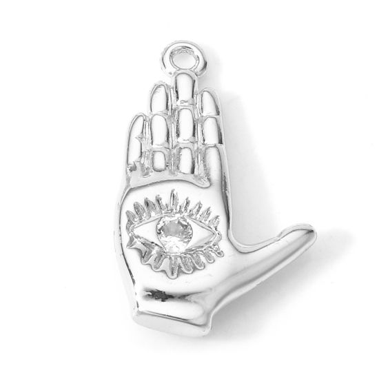 Bild von 2 Stück Messing Religiös Charms Echt Platin plattiert Hamsa Symbol Hand Auge der Vorsehung/ Allsehendes Auge Klar Zirkonia 21mm x 13mm