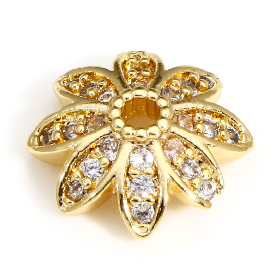 Image de 2 Pcs Coupelles en Laiton Fleur Plaqué Or Véritable 18K Micro Pave à Zircone Cubique Clair (Apparié à Perle 14mm ) 10mm x 10mm