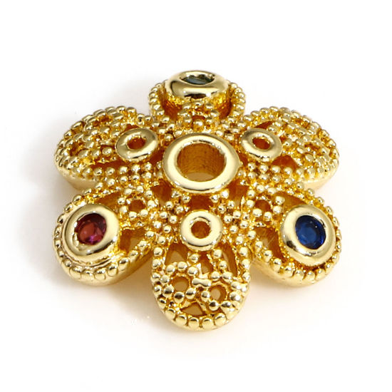 Image de 2 Pcs Coupelles en Laiton Fleur Plaqué Or Véritable 18K Creux à Zircone Cubique Multicolore (Apparié à Perle 14mm ) 10mm x 9mm