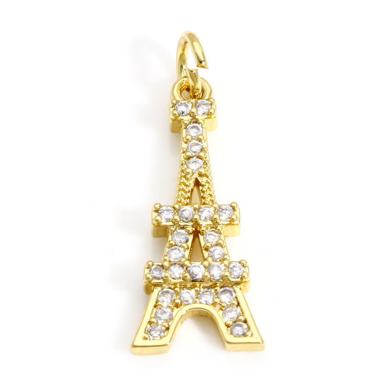 Image de 1 Pièce Breloques Voyage en Laiton Tour Eiffel Plaqué Or Véritable 18K Micro Pave à Zircone Cubique Clair 25mm x 9mm