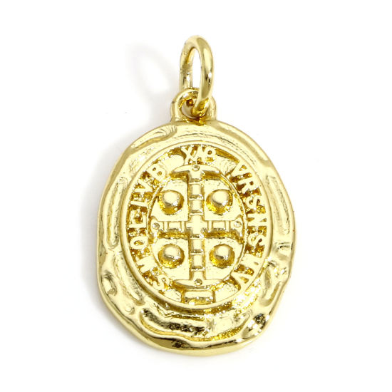Image de 1 Pièce Breloques Religieux en Laiton Ovale Plaqué Or Véritable 18K Croix 21.5mm x 12mm