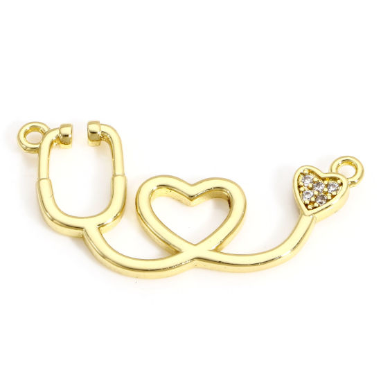 Image de 1 Pièce Breloques Médical en Laiton Stéthoscope Plaqué Or Véritable 18K Micro Pave à Zircone Cubique Clair 28mm x 13mm