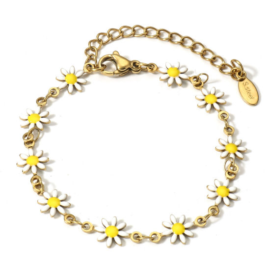 Image de 1 Pièce Bracelets Chaîne à Maillons Faite à la Main en 304 Acier Inoxydable Placage sous Vide Plaqué Or 18K Blanc Marguerite avec Fermoir Mousqueton et Chaîne d'Extension 16cm long