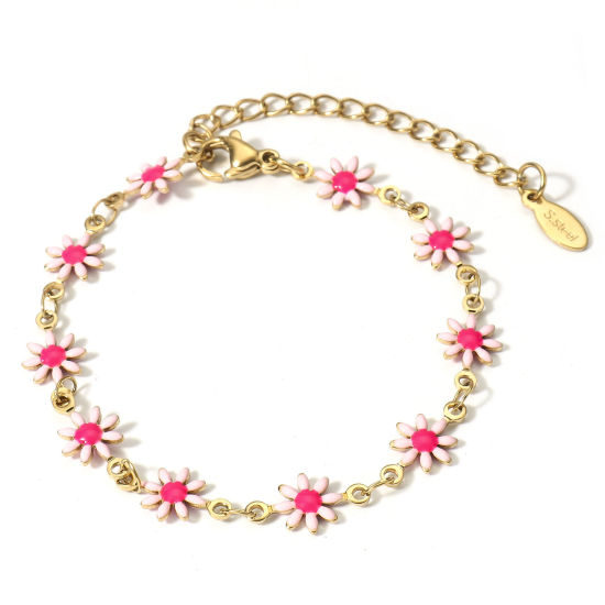 Image de 1 Pièce Bracelets Chaîne à Maillons Faite à la Main en 304 Acier Inoxydable Placage sous Vide Plaqué Or 18K Rose Marguerite avec Fermoir Mousqueton et Chaîne d'Extension 16cm long
