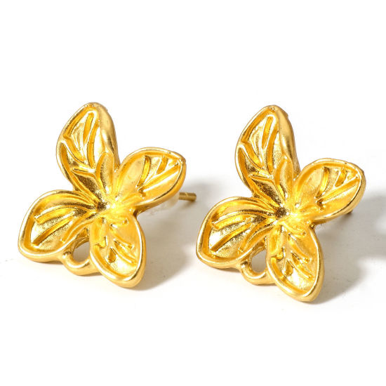 Picture of 2 PCs Zinc Based Alloy Ear Post Stud Earrings Findings Flower Matt Gold With Loop 17mm x 15mm, Post/ Wire Size: (19 gauge)