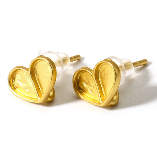 Picture of 2 PCs Zinc Based Alloy Ear Post Stud Earrings Findings Heart Matt Gold With Loop 10mm x 7mm, Post/ Wire Size: (19 gauge)