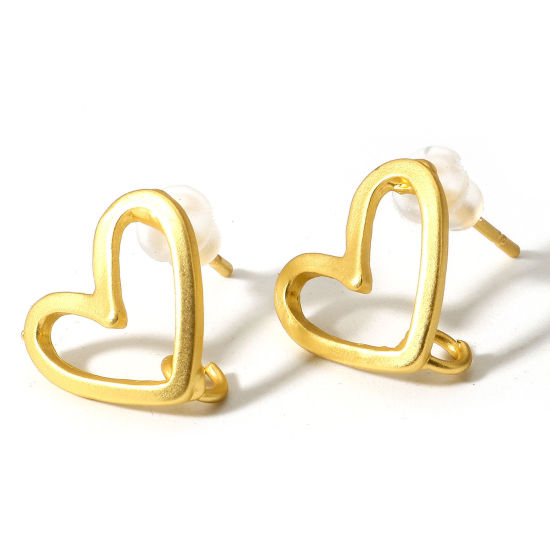 Picture of 2 PCs Zinc Based Alloy Ear Post Stud Earrings Findings Heart Matt Gold With Loop 13mm x 12mm, Post/ Wire Size: (19 gauge)