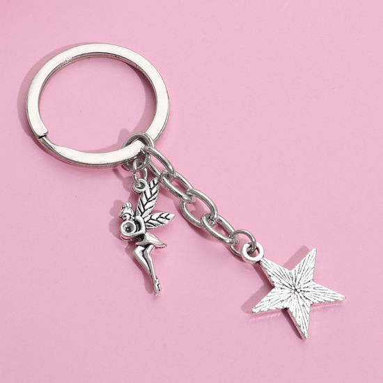 Image de 1 Pièce Porte-Clés Rétro Argent Vieilli Ange Pentacle 7cm