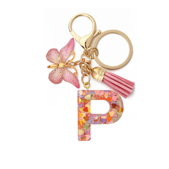 1 個 樹脂 おしゃれ キーチェーンとキーリング 金メッキ ピンク 蝶 キャピタルレター 文字内容「P」 10.5cm の画像