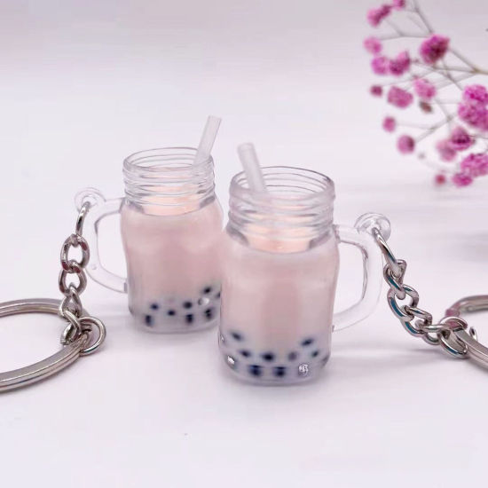 Image de 1 Pièce Porte-Clés en Acrylique Argent Mat Rose Bouteille de Lait Tasse Mini-Simulation 4.2cm x 1.9cm