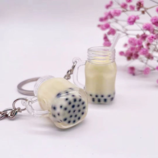 Image de 1 Pièce Porte-Clés en Acrylique Argent Mat Brun Clair Bouteille de Lait Tasse Mini-Simulation 4.2cm x 1.9cm