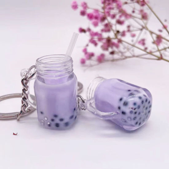 Image de 1 Pièce Porte-Clés en Acrylique Argent Mat Violet Bouteille de Lait Tasse Mini-Simulation 4.2cm x 1.9cm