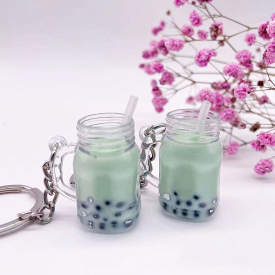 Image de 1 Pièce Porte-Clés en Acrylique Argent Mat Vert Clair Bouteille de Lait Tasse Mini-Simulation 4.2cm x 1.9cm
