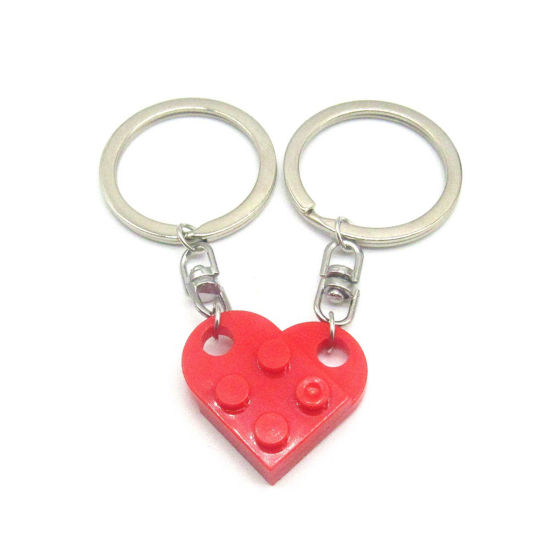 Image de 1 Kit （ 2 Pcs/Kit) Porte-Clés Épissage en ABS Argent Mat Rouge Cœur Blocs de Construction 2.7cm x 2.5cm