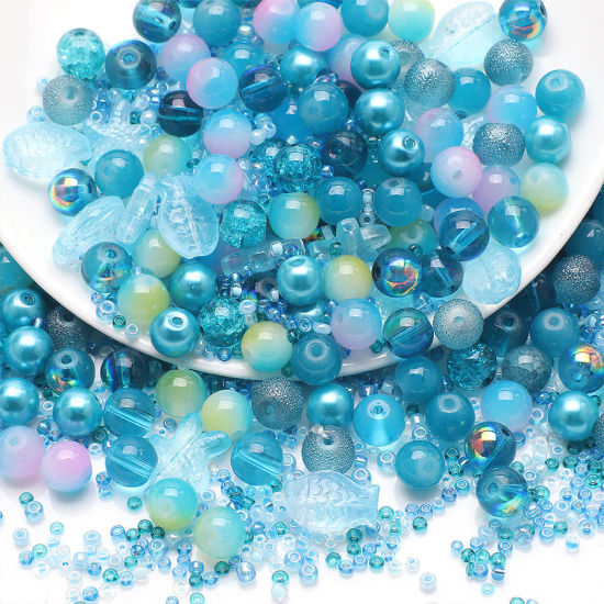 Image de 1 Kit (env. 250 Pcs/Kit) Kit de Perles Assorties avec Perles de Rocailles pour la Fabrication de Bijoux DIY Bijoux d'Océan en Verre Poisson Etoile de Mer Bleu-Vert 14x13mm - 2x1.5mm, Trou: 1.4mm - 0.5mm