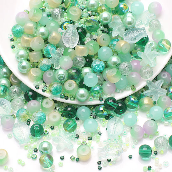 Image de 1 Kit (env. 250 Pcs/Kit) Kit de Perles Assorties avec Perles de Rocailles pour la Fabrication de Bijoux DIY Bijoux d'Océan en Verre Poisson Etoile de Mer Vert 14x13mm - 2x1.5mm, Trou: 1.4mm - 0.5mm