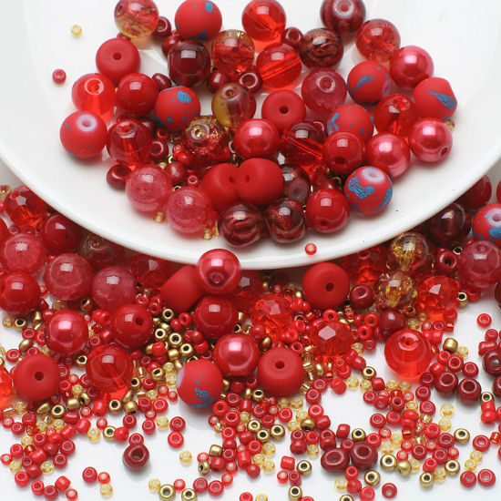 Image de 1 Kit (env. 250 Pcs/Kit) Kit de Perles Assorties avec Perles de Rocailles pour la Fabrication de Bijoux DIY en Verre Rond Rouge Env. 8mm Dia - 2x1.5mm, Trou: 1.4mm - 0.5mm