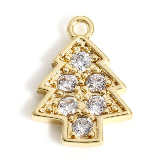 1 個 真鍮 クリスマス チャーム ペンダントクリスマスツリー 18Kリアルゴールドメッキ マイクロパヴェ クリアジルコン 12mmx 9mm の画像
