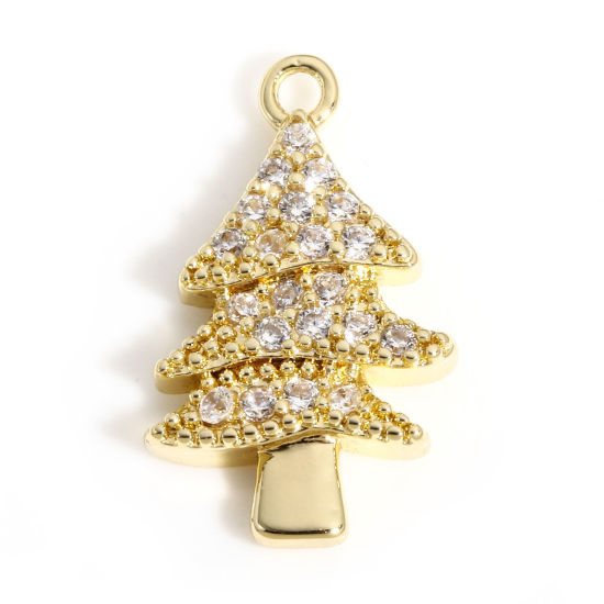 1 個 真鍮 クリスマス チャーム ペンダントクリスマスツリー 18Kリアルゴールドメッキ マイクロパヴェ クリアジルコン 16mmx 10mm の画像
