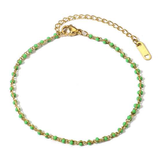 Image de Bracelets En Gros Doré en 304 Acier Inoxydable, Vert Émail Chaîne Maille Jaseron Revêtement sous Vide PVD Respectueux de l'Environnement, aux Femmes À la Mode Cadeau Fournitures de Bijoux 18.5cm long, Taille de la Chaîne: 2mm, 1 Pièce